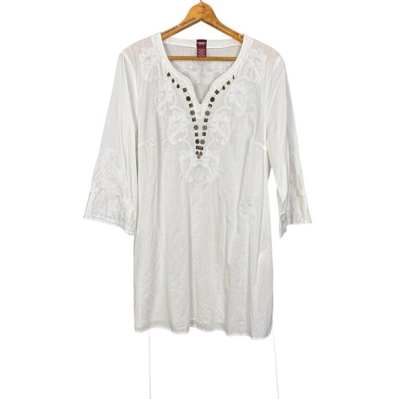 White Embroidered Cotton Tunic Coastal Cowgirl, Boho, Swim Cover Up - Picture 1 of 6